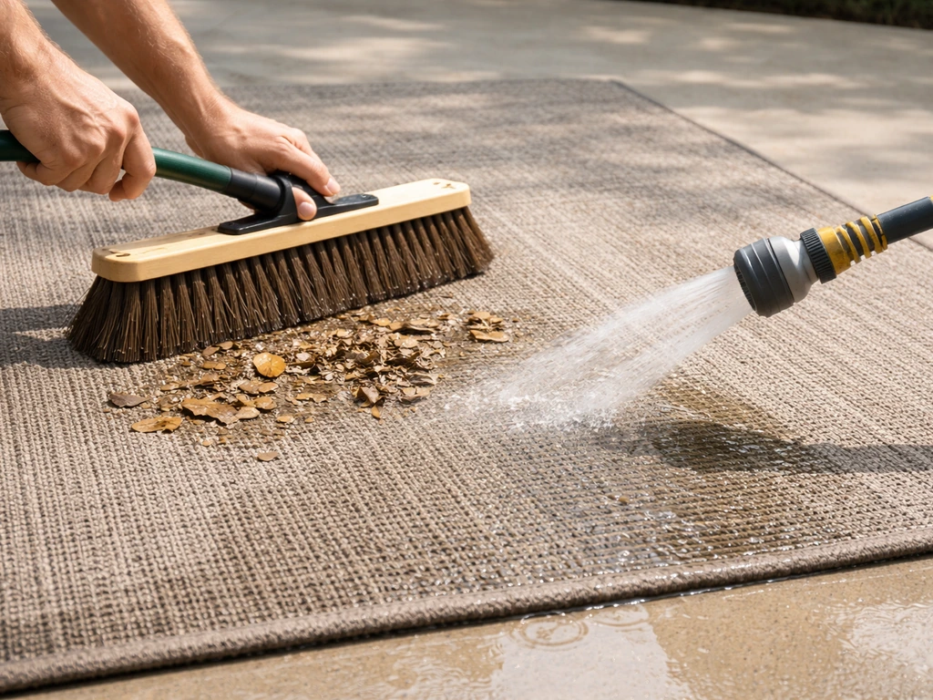 Person sweeping an outdoor carpet, then gently hosing it with water kept off the edges