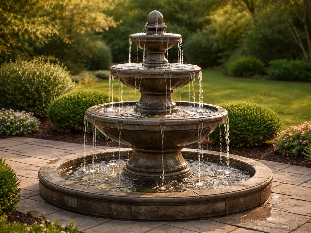 Tiered freestanding patio fountain with cascading water on a landscaped stone-paver patio.