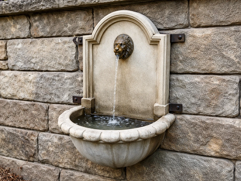 Wall-mounted fountain with water flowing into a recirculating basin on a fence-mounted exterior.