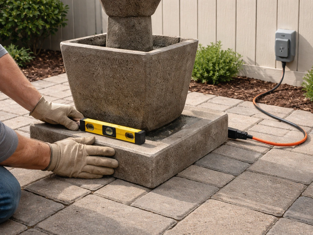Hands leveling a fountain base outdoors while an outdoor-rated extension cord is safely routed to a weatherproof outlet.