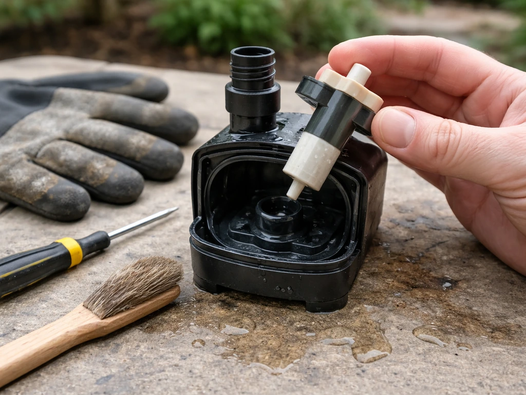 Close-up of a fountain pump impeller being removed and inspected on a patio work surface.