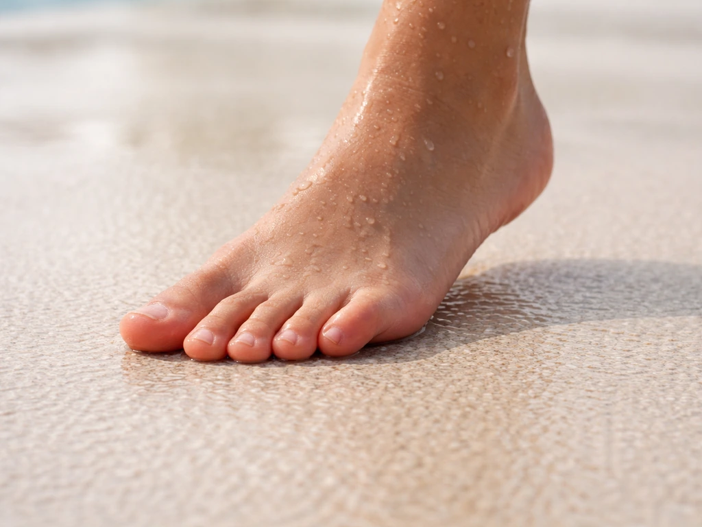 Bare foot on a wet grippy pool deck surface showing slip-resistant texture and wet sheen