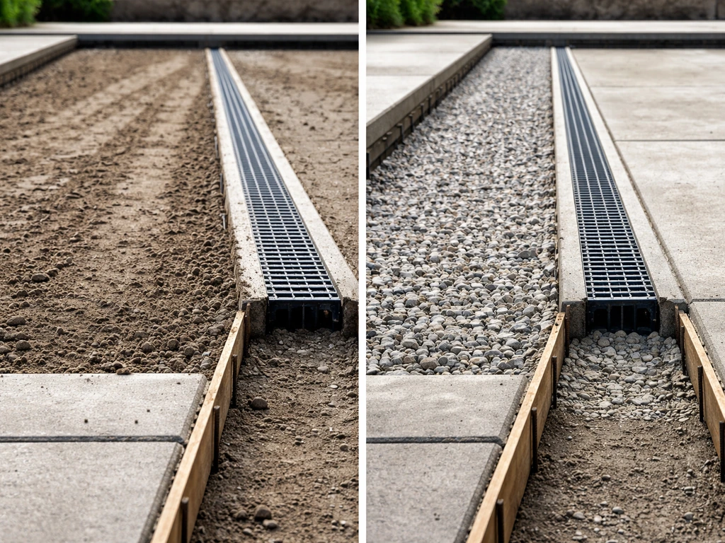Side-by-side view of a pool deck base: graded slope toward a drain with drainage layer and crack-control prep.