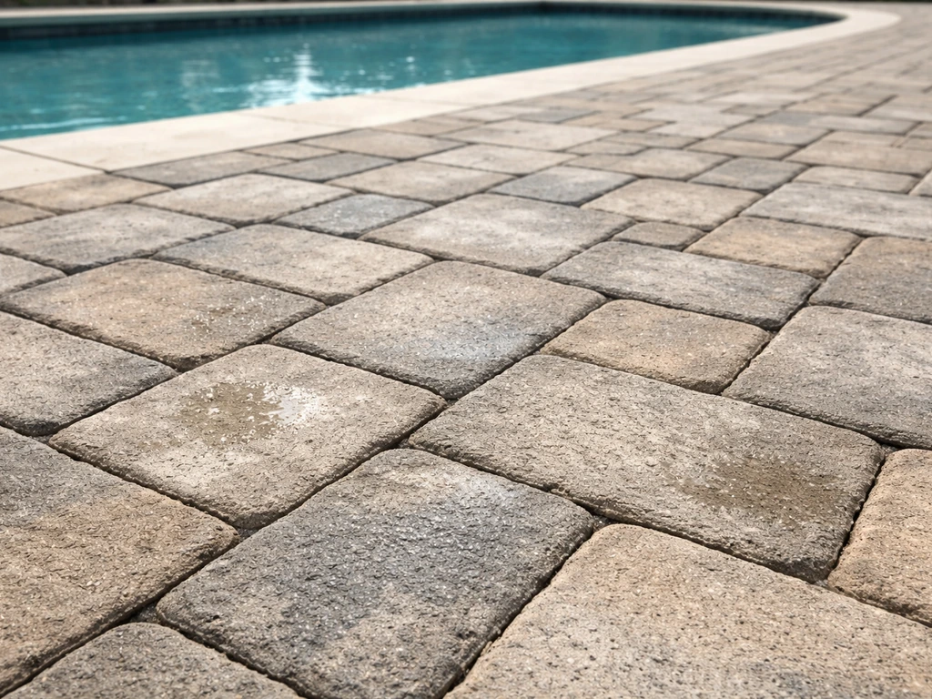 Interlocking concrete pavers on a pool patio with textured tumbled surface and wet slip-resistant joints.