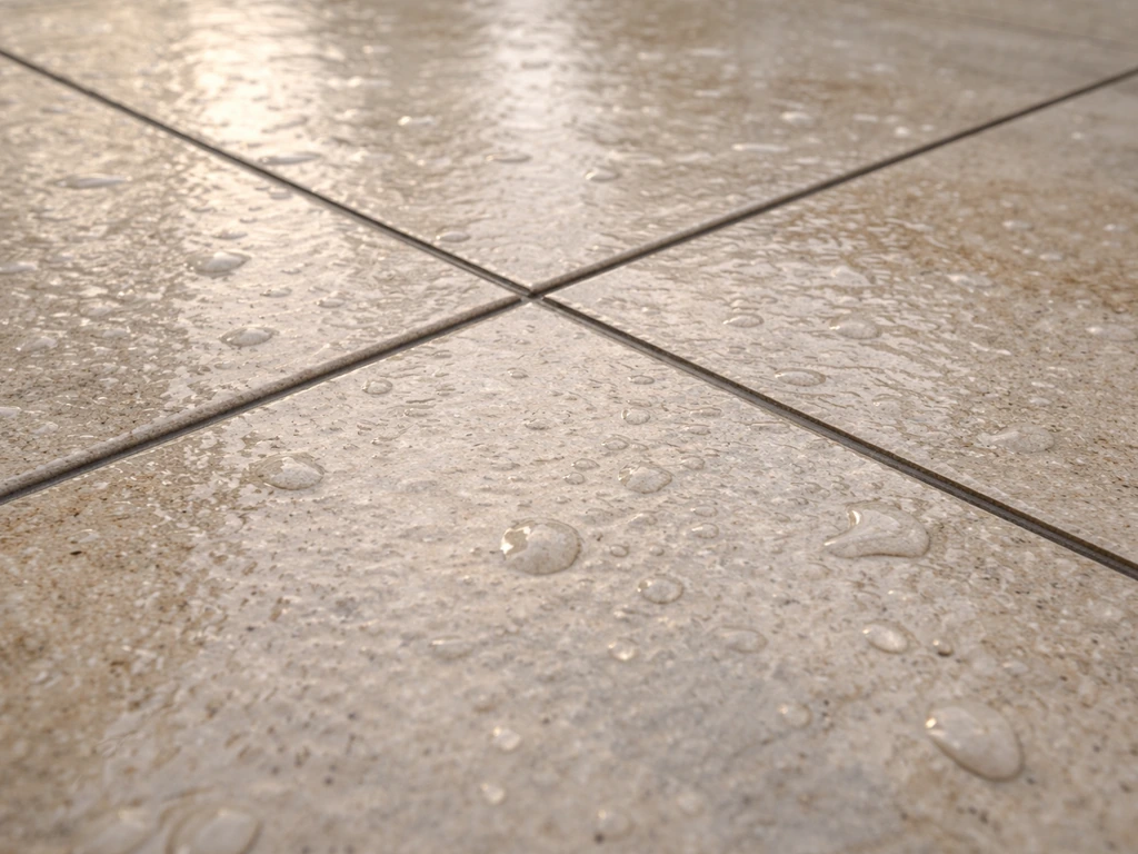 Close-up of wet porcelain/ceramic pool patio tile showing grout lines and slip-resistant texture