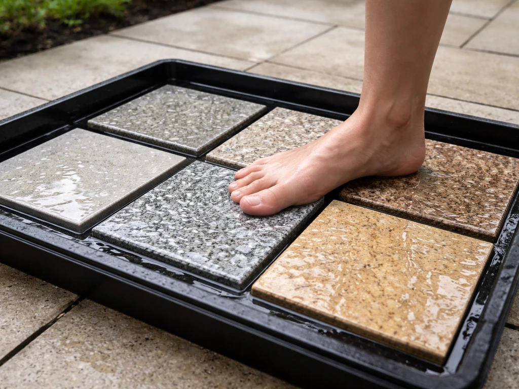 Barefoot stepping on a wetted patio material sample tile beside other wet test samples on a tray.