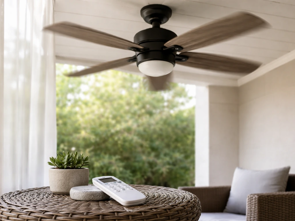 Close-up of a patio ceiling fan with its control housing and a remote on a nearby table.