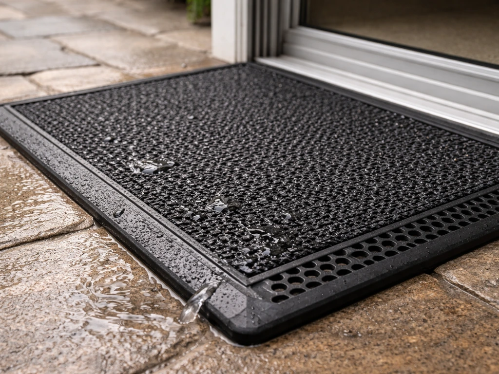 Close-up of a textured patio mat at a door threshold with visible grip and drainage perforations in daylight.