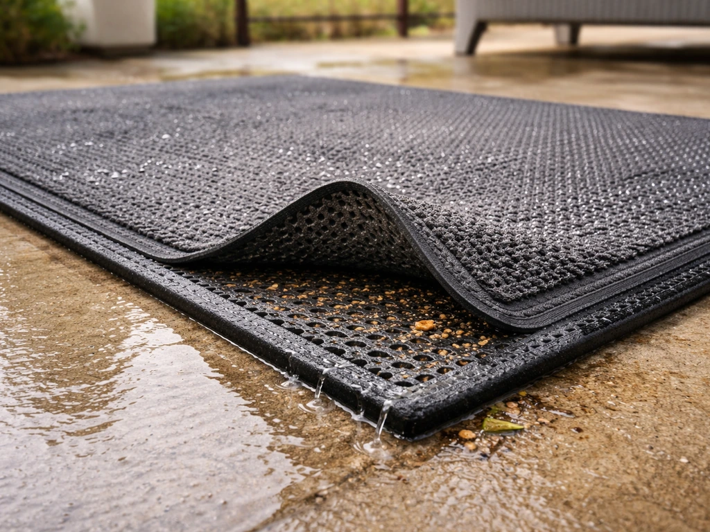 Outdoor patio mat shown up close, highlighting textured traction, water drainage holes, and dirt-trapping edge.