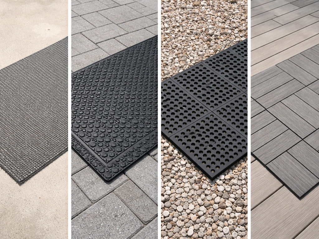 Four patio mat types side-by-side, highlighting woven polypropylene, rubber, open-weave, and composite textures outdoors
