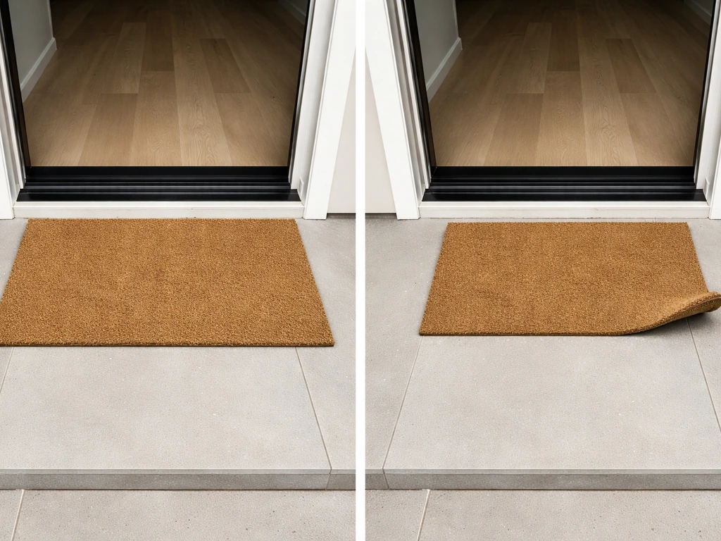 Doorway entrance mat properly aligned with threshold, next to an edge-curled too-small mat example.