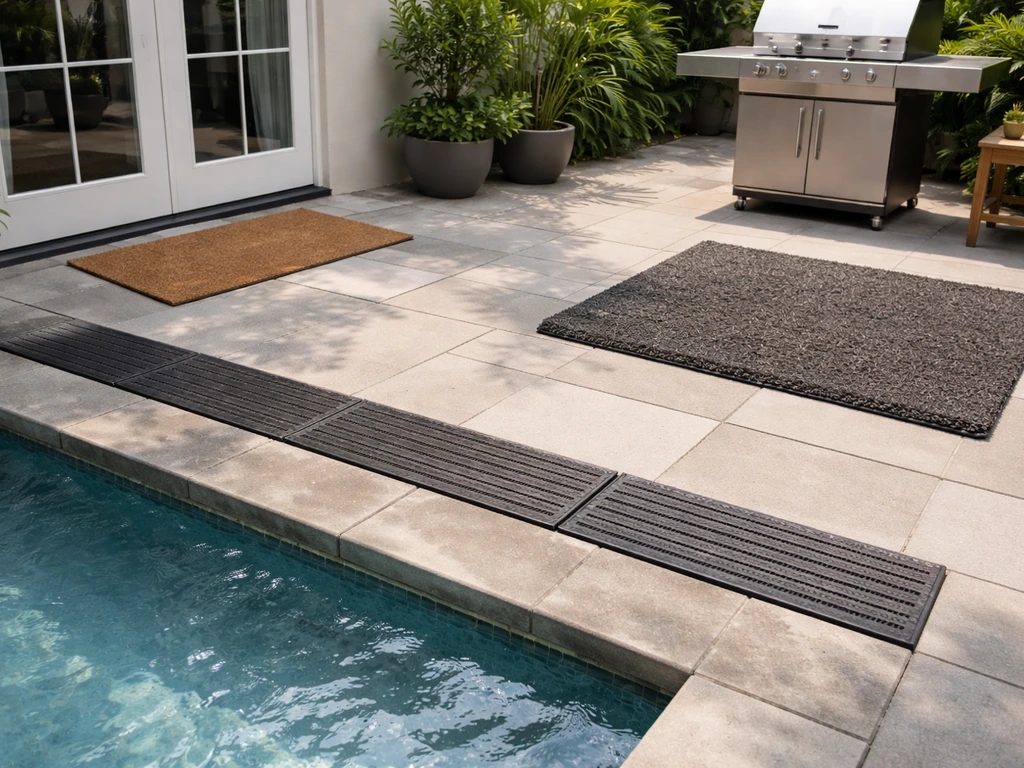 Three patio mat zones shown: entry doormat at a door, drainage tiles by wet edge, thick mat by a grill area.