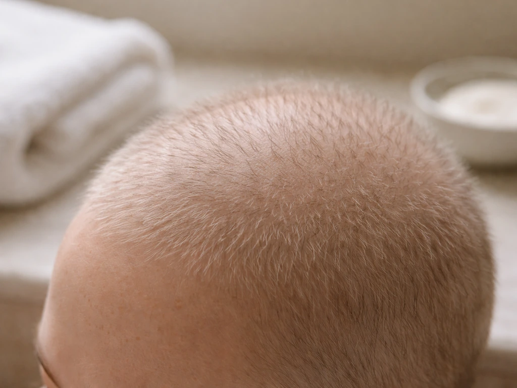 Close-up of short, soft chemo hair regrowth texture with gentle at-home scalp care vibe