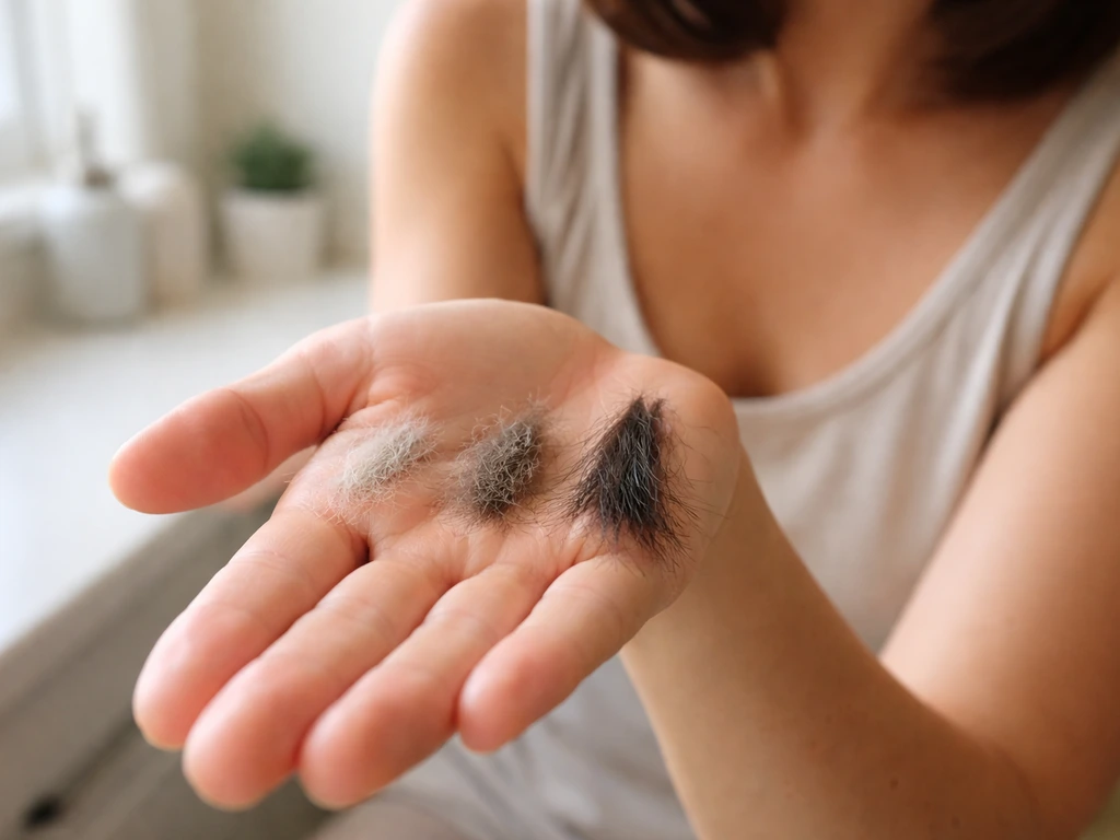 Woman holding three soft hair samples showing early fuzz to longer regrowth stages after chemo.