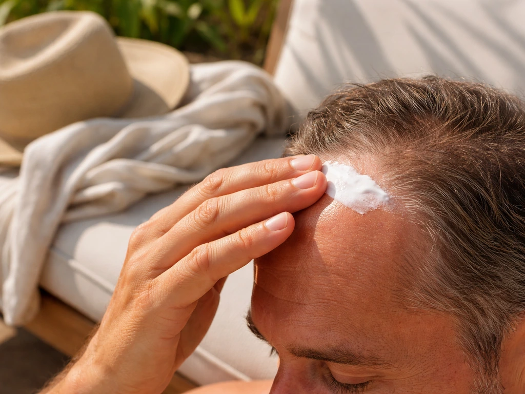Hand applying broad-spectrum sunscreen lotion along the hairline with a sunhat nearby
