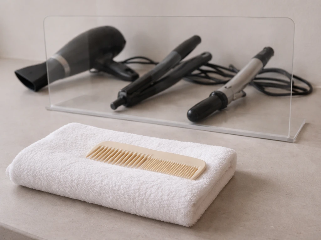 Soft towel and comb in front, heat styling tools behind a clear barrier as a clear do-not visual.