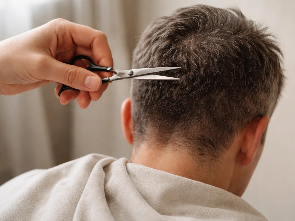 Hands holding small scissors over uneven short regrowth hair, towel nearby, suggesting waiting before trimming.