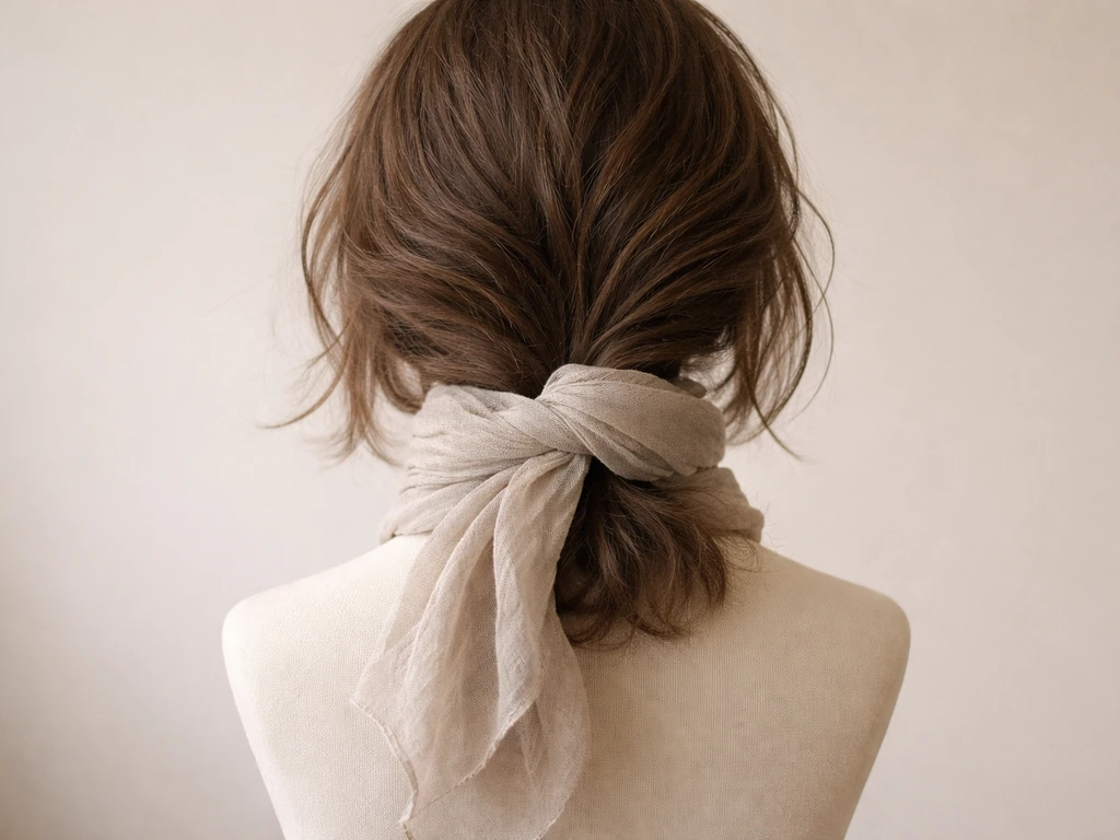 Mannequin with a loosely tied scarf at the nape/side, showing relaxed in-between hair styling.