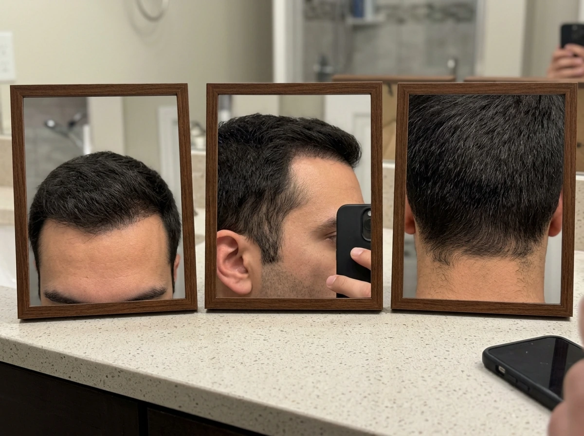 Baseline photos showing hair length from front, side, and back