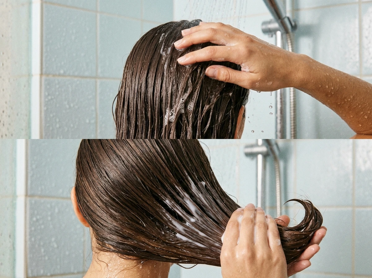 Applying gentle shampoo and conditioner to straight hair