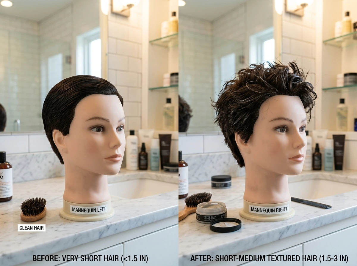 Two-stage styling showing product use for very short vs short-medium hair