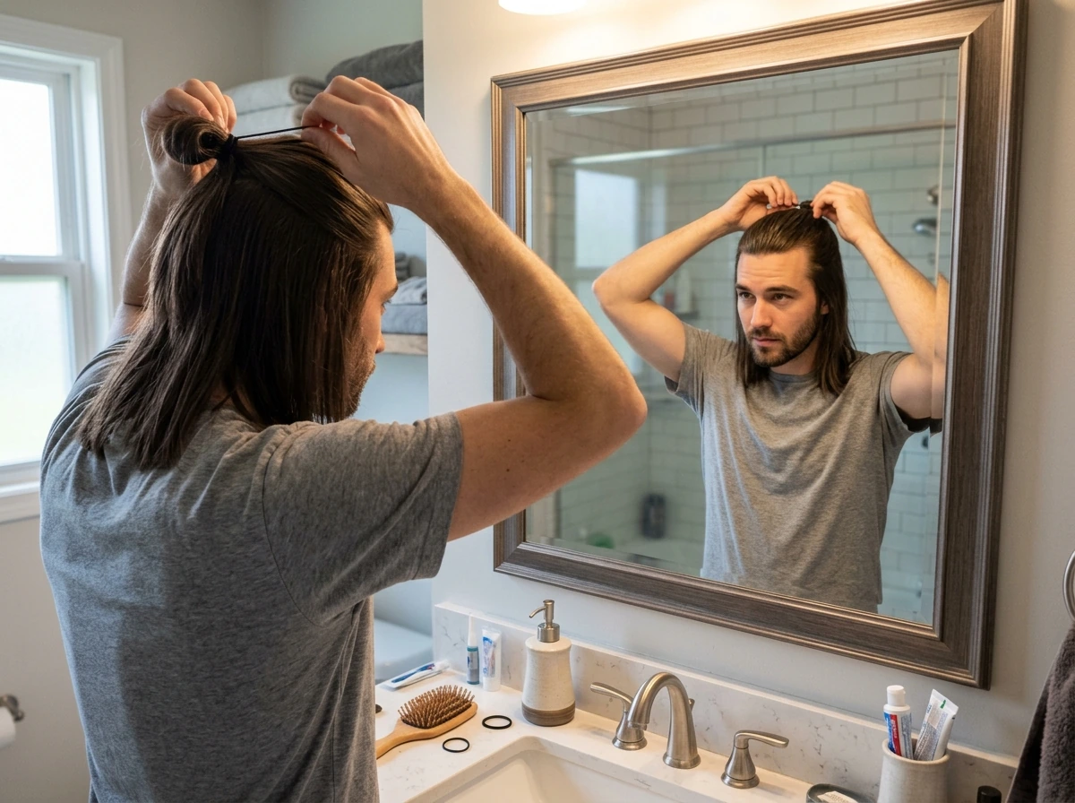 Half-up tie style for longer straight hair