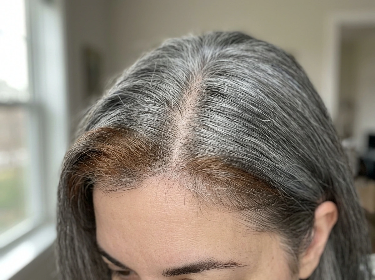 Close-up of dyed gray lengths meeting new root growth line