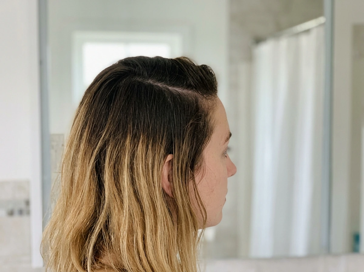 Side-view hair showing demarcation line between roots and dyed ends