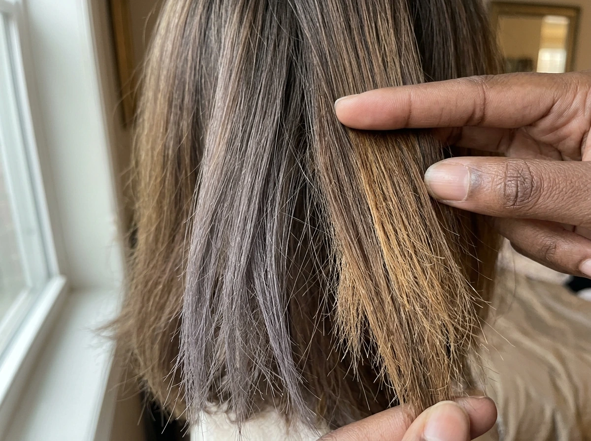 Close-up showing uneven gray dye fading with brassy undertones