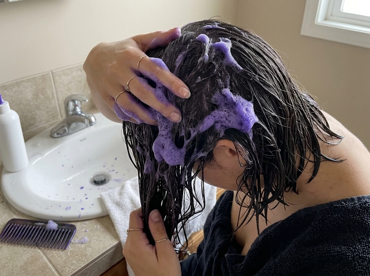 Hand applying purple toning shampoo lather to damp hair