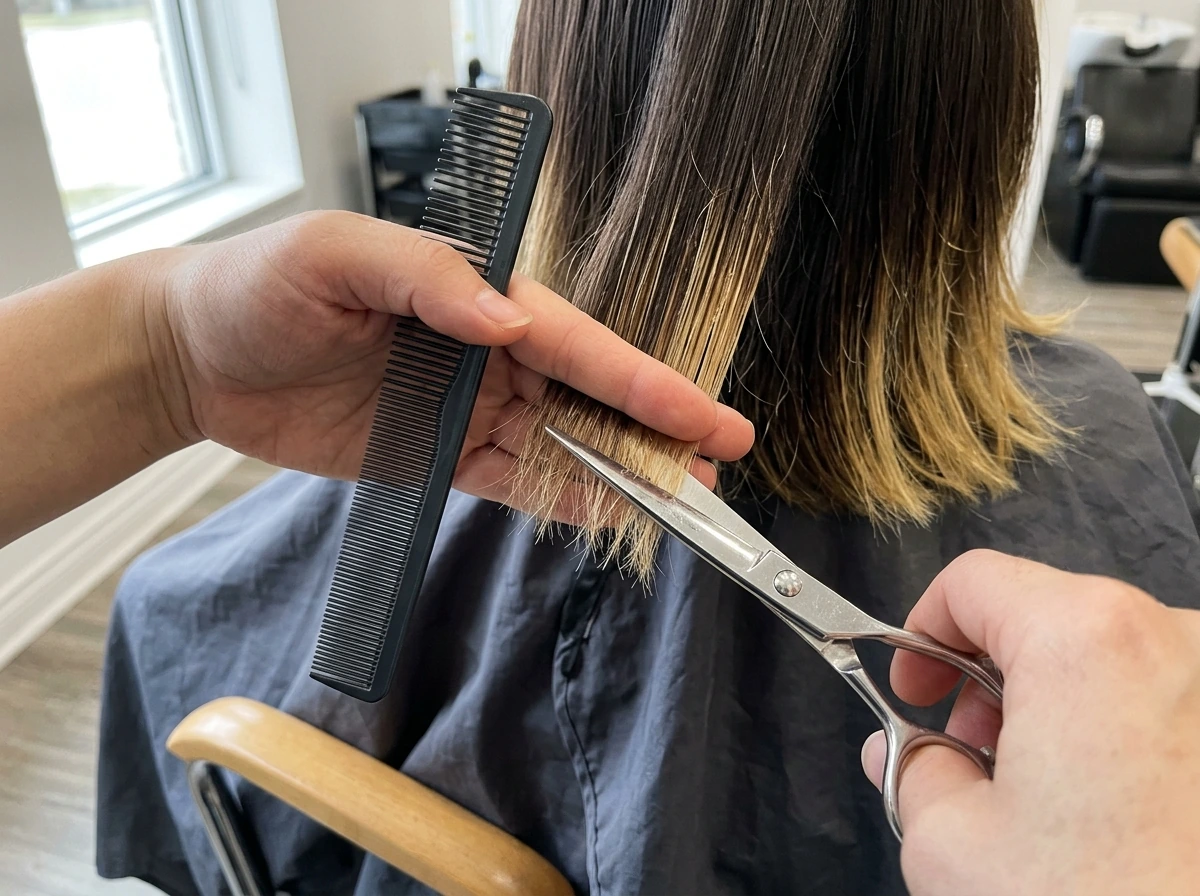 Close-up of hair being trimmed with scissors to avoid overcutting