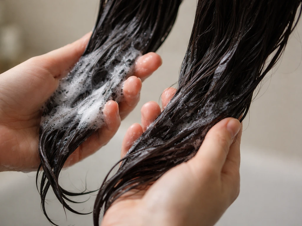 Close-up of hands applying clarifying shampoo to dark hair strands for an even fade.