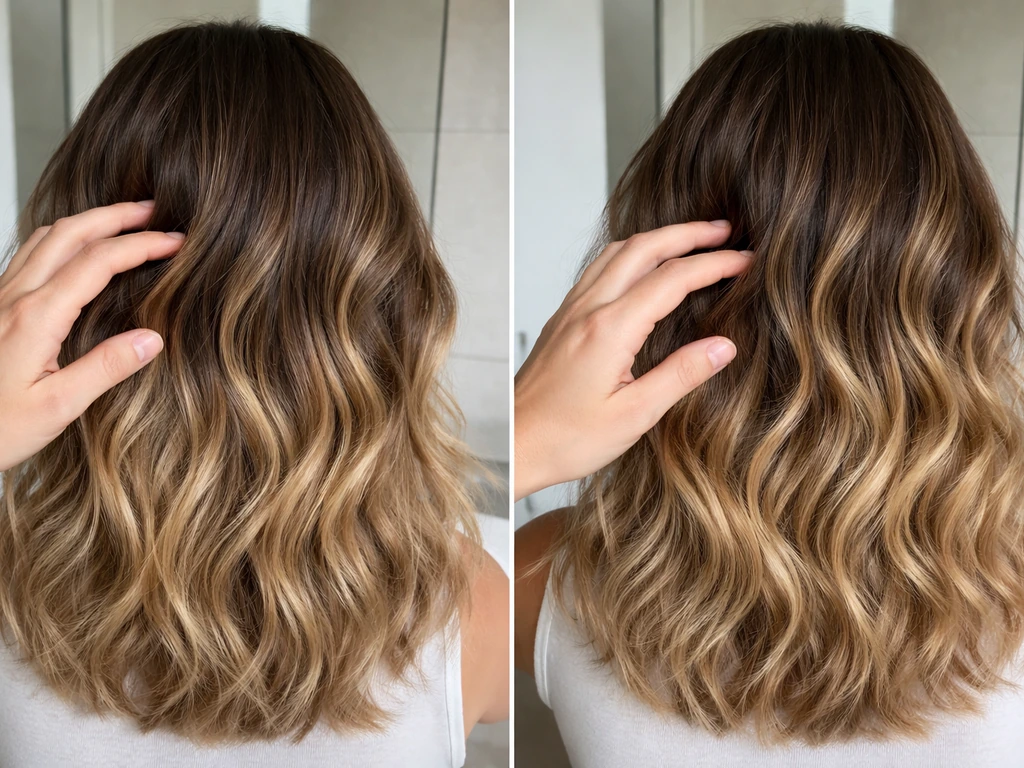 Hands styling textured curls to blur a visible hair demarcation line near a bathroom sink.