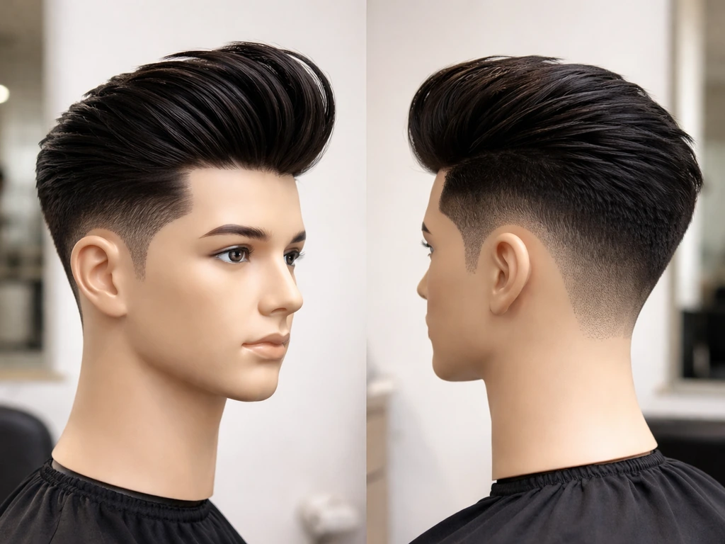 Two mannequins side-by-side showing pompadour: tall swept-back top vs shorter tapered sides and back.