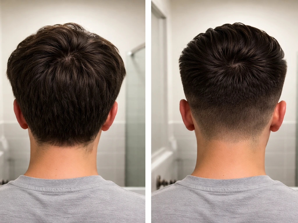 Split-side hair grow-out vs tapered sides in a mirror, showing how to keep a pompadour shape