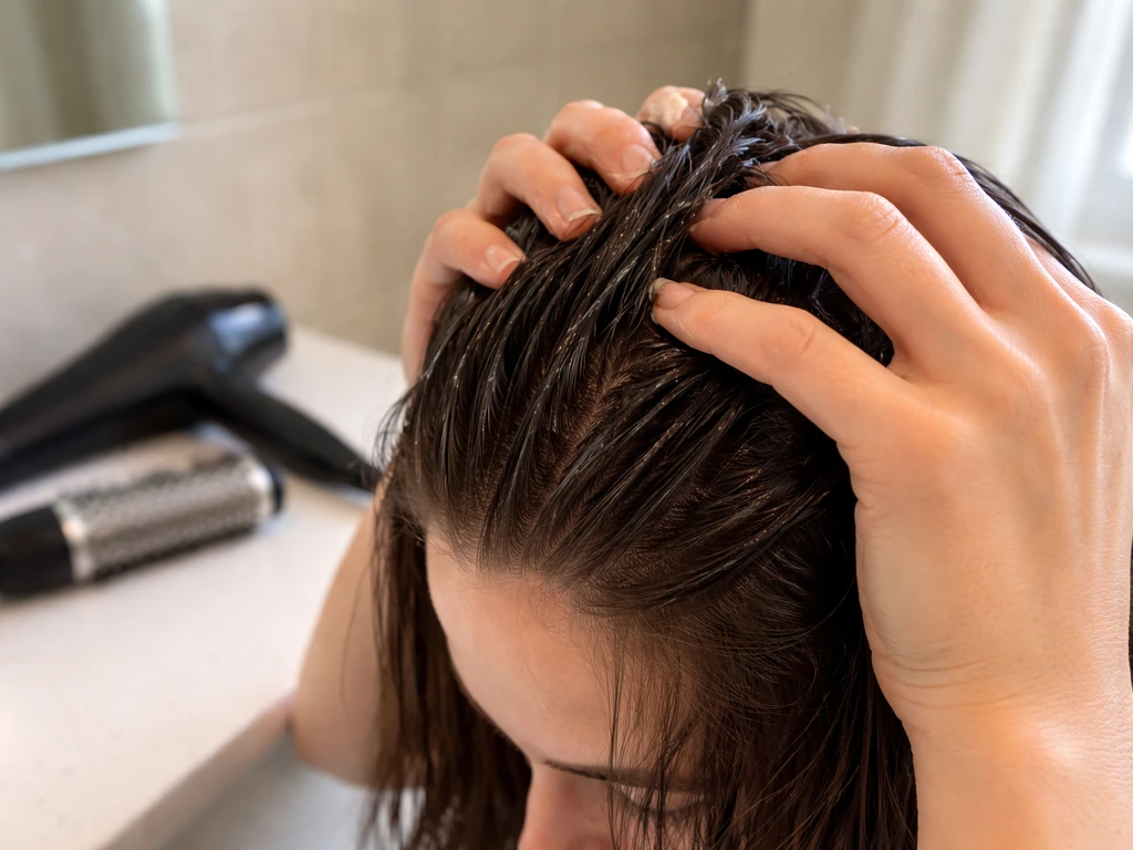 Hands applying styling product through damp hair, with blow-dryer and brush nearby on a bathroom counter.