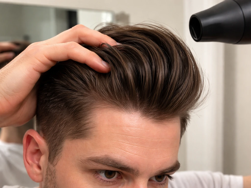 Close-up of hairline cowlick being redirected upward into a pompadour using heat and fingertips.