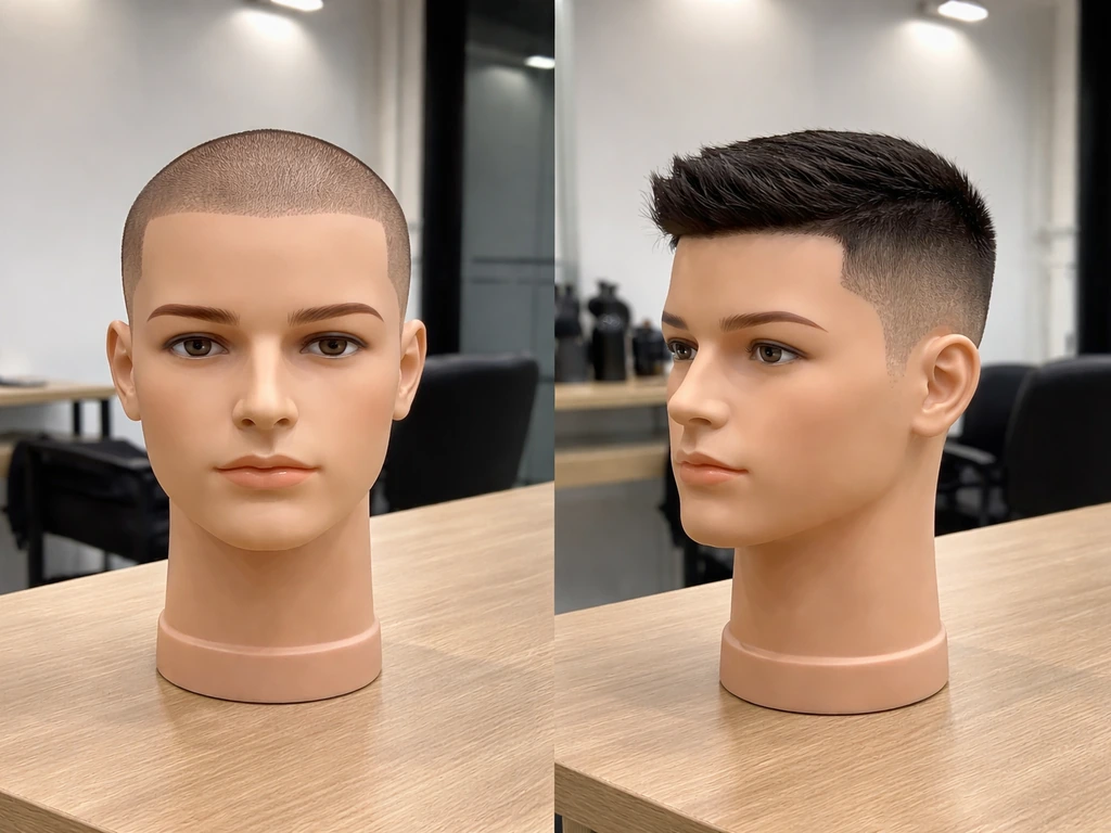 Two-barber-style side-by-side mannequin heads showing buzz-to-grow vs short-fade grow-out lengths