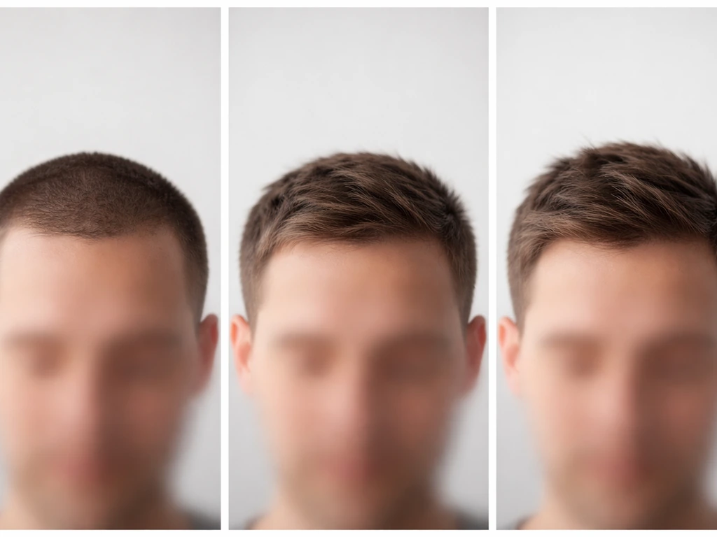 Triptych of anonymous hair length stages: buzz-cut, short regrowth, then medium-long top.