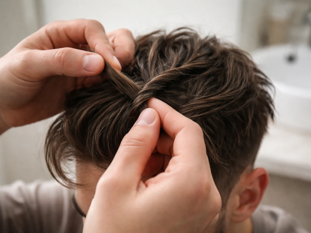 Hands twisting a medium-length textured hair section for a defined twist-out look.