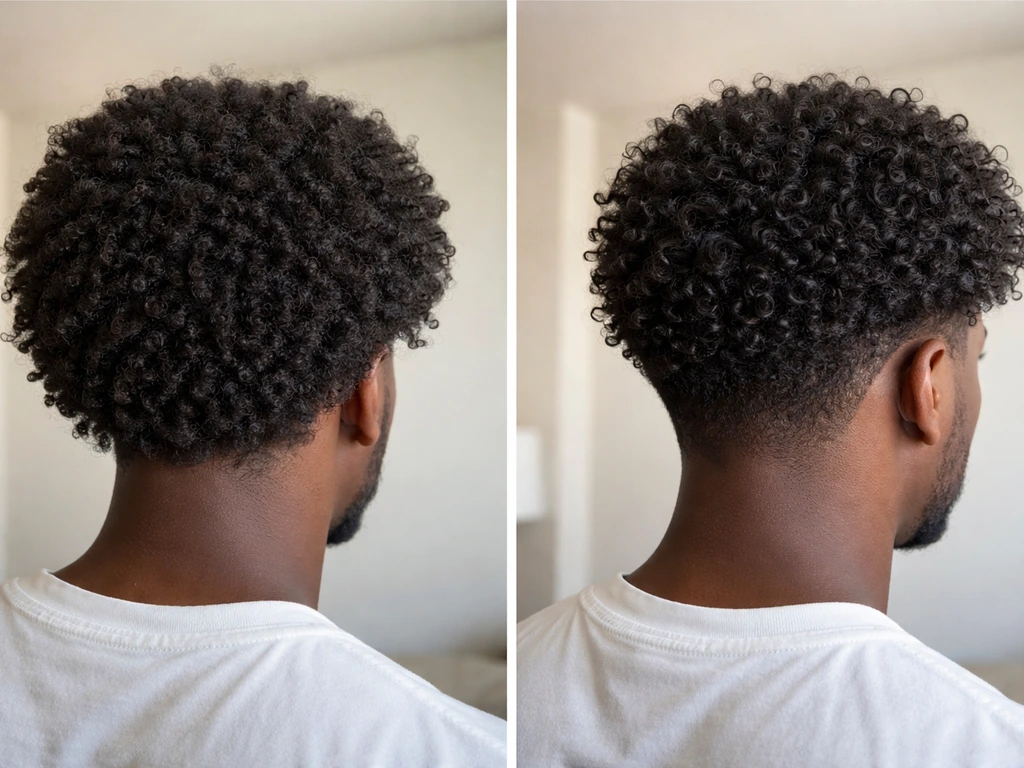 Before/after comparison of dense helmet-like curls vs layered, bouncier bulk-controlled curls.