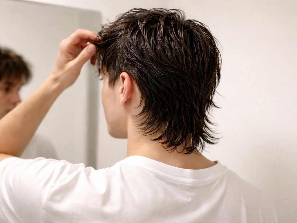 Back view of short layered hair with longer strands at the back forming a stepped mullet-like shape.