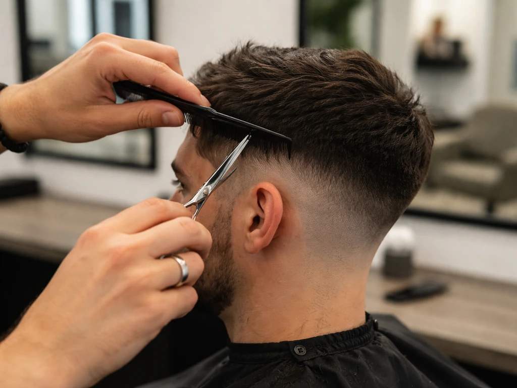 Hairdresser trims and blends a client’s hair with scissors and comb in a quiet salon.