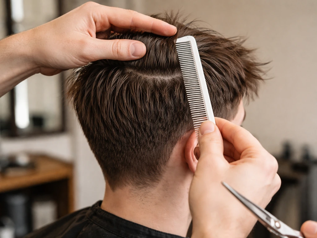 Anonymous barber trims and aligns a slightly uneven top longer than the back in a barbershop.