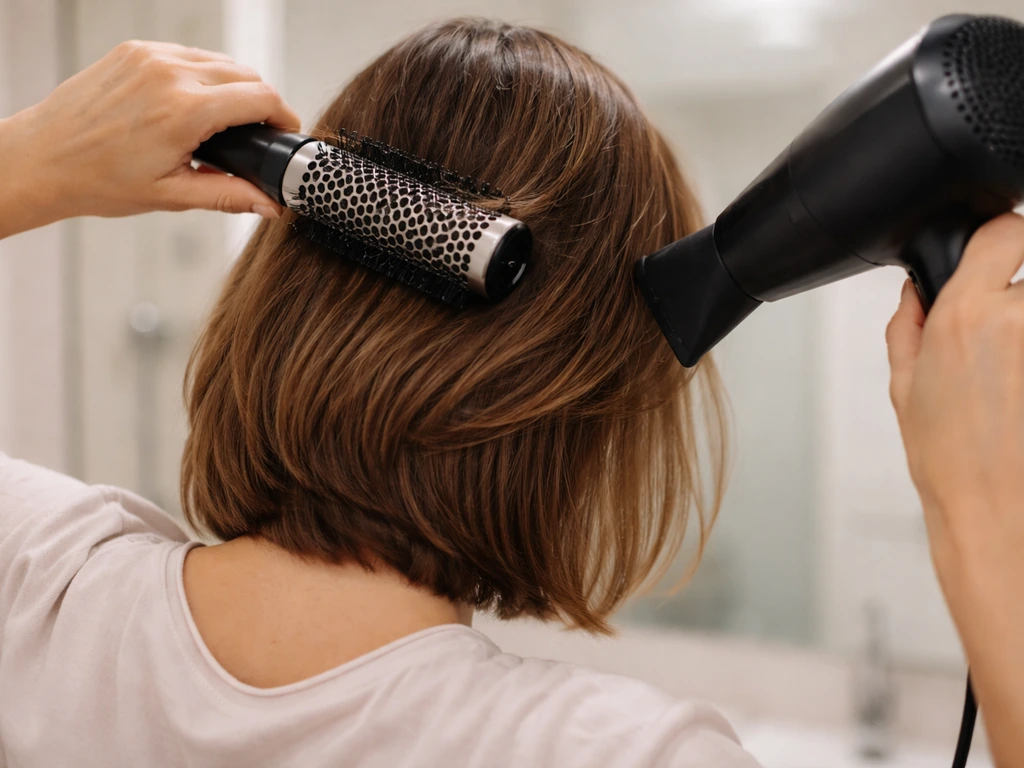 Anonymous person blow-drying the nape with a round brush to flatten and direct hair downward.