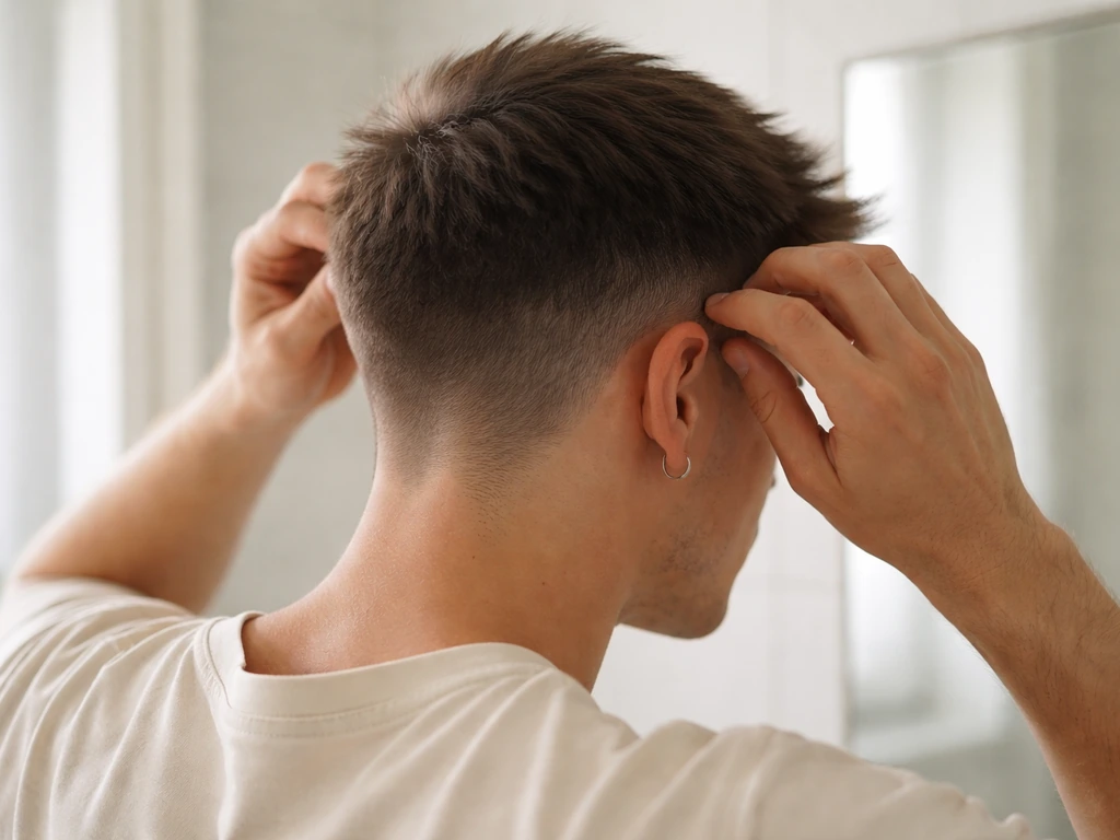 Close-up of anonymous hair transitioning longer at the back, staged to suggest higher mullet risk.