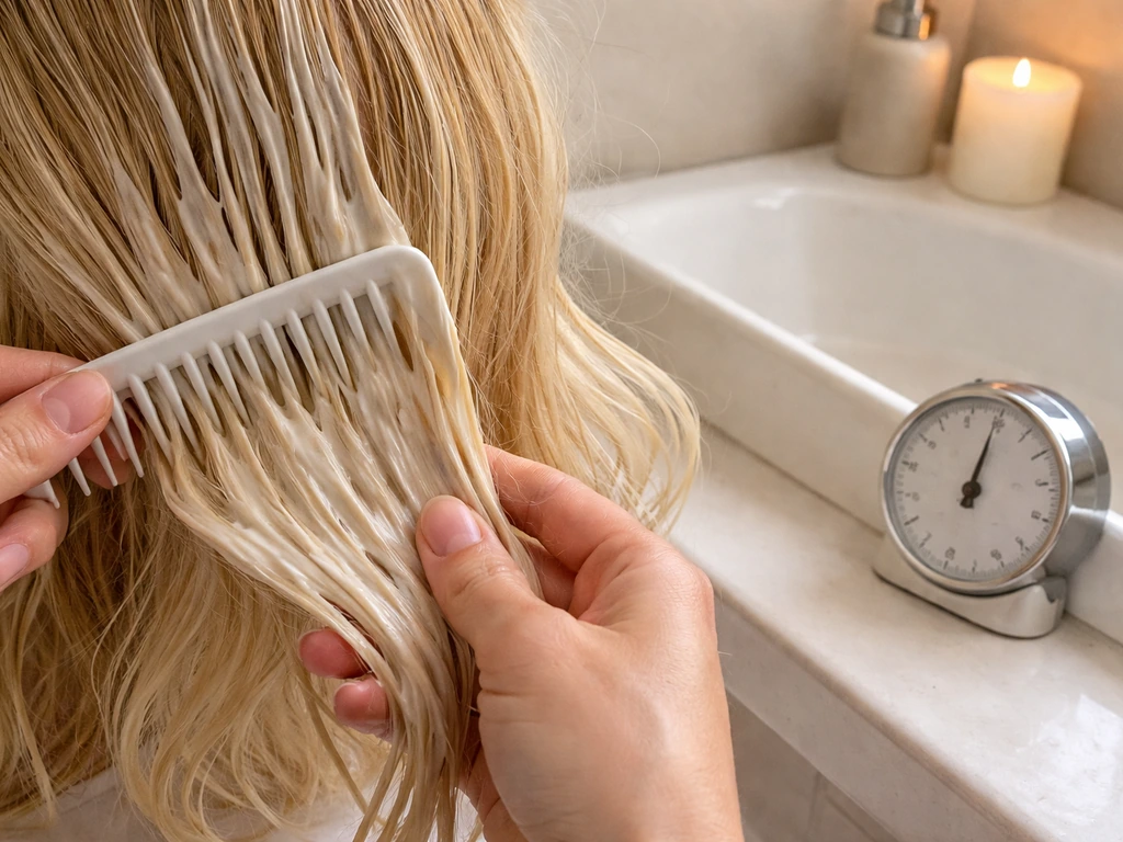 Hands apply conditioner to blonde hair mid-shaft to ends, combing through with a nearby timer cue.