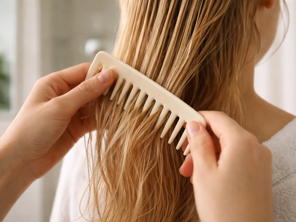 Hands detangling damp blonde hair with a wide-tooth comb, starting at the ends to prevent breakage.