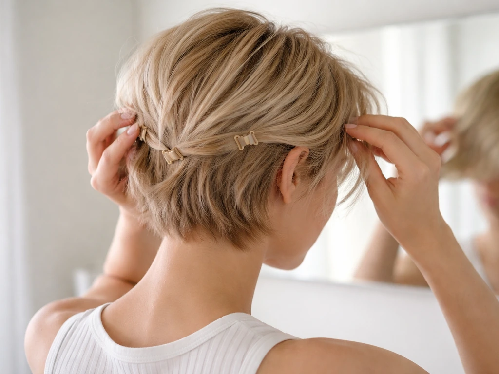 Blonde hair growing out of a short cut, clipped back to blend awkward longer lengths