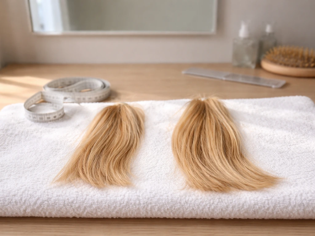 Blonde hair strands on a bathroom counter showing a simple growth and troubleshooting comparison setup.